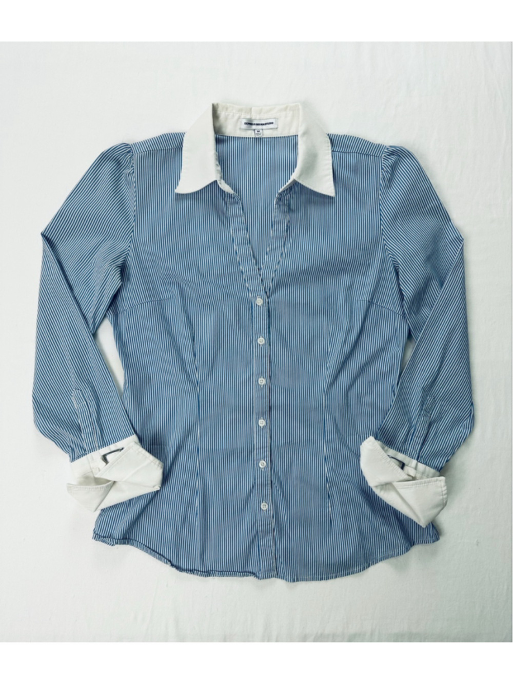 Express Design Studio Blue White Pinstripe Contrast Cuff Button Career Blouse - Picture 2 of 13